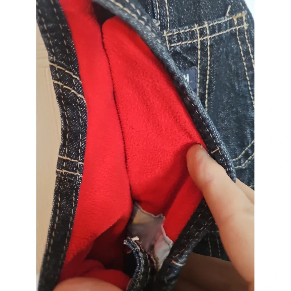 OshKosh Red Fleece Lined Dark Wash Denim Jean Bib Overalls Baby Boys 24 Months